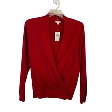 J. Jill Women XL Perfect Red Crossover Wrap V-Neck Sweater Cotton Silk Wool New picture