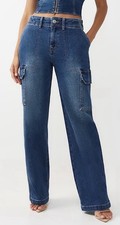 NWT True Religion Womens Denim Cargo Straight Jeans Medium Blaze Wash Sz 30 picture