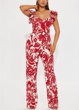 🩷Fashion Nova XL Red ‘Tulum Sunset’ JUMPSUIT Belted WIDE-LEG One-Piece New picture