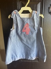 Vintage Handmade Girls Chambray Jumper Dress  Red Gingham Number 4 Applique picture