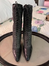 FINE Antique Vintage Black Victorian Leather & Canvas Boots Lace French EU 37 picture