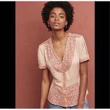 Tiny x Anthropologie Talia Embroidered Blouse Womens M Dusty Rose Floral Lace picture