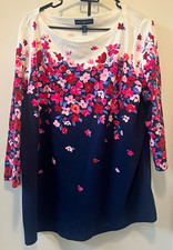 Karen Scott Womens 3X Plus Navy/White Floral Scoop Neck 3/4 Sleeve Pullover Top picture