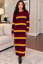 Heartbreak Women's Burgundy/Tan/Navy Striped Knit Maxi Sweater Dress XL Ribbed picture