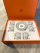 Hermès H-DECO Porcelain Espresso Cup & Saucer Set 12pc/Service for 6 B/W picture