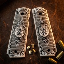 Custom 1911 Grips White Poly Pearl Springfield Armory Logo Engraved Full Size picture