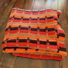 Vintage 70s Crochet Afghan Blanket Large 70x70 Orange Brown Retro Boho Throw picture