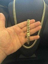 Pulsera y Cadena Cubana Para Hombre 10mm Baño De Oro 14k Sobre Acero Inoxidable picture