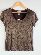 Talbots Collection Top Medium Brown Gold Metallic Floral Print NWT picture