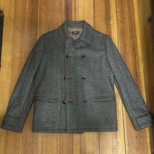A.P.C. Men's Gray Herringbone Double-Breasted Scottish Wool Lined Pea Coat L 44