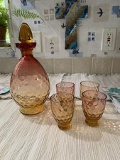 Antique Amberina Inverted Thumbprint Glass Decanter Set with 4 Glasses & Stopper picture