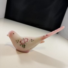 Vintage Fenton Pink/White Rosalene Hand Painted Floral Satin Glass Bird- Signed picture