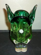 Vintage Czech Bohemia Crystal Green Hand Blown Glass Stretch Petal Flower Vase picture