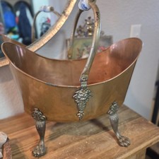 Antique Hand-hammered Brass Coal Hod With Lion Paw Feet Lion Face, Scuttle picture
