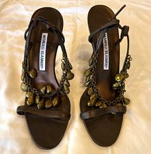 Manolo Blahnik Brown Leather Strappy Open Toe Ankle Strap Chain Charm 7.5 picture