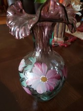 Fenton Art Glass Rubina Verde Ruffled Vase Hand Painted Signed D Robinson Vtg picture