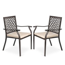 Aoodor 2pcs Patio Dining Chairs Outdoor Stackable Metal Chairs w Cushion Armrest picture