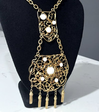 Vintage Brutalist Bib Necklace Gold Tone White Tassel Fringe Statement Modernist picture