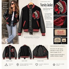 Vintage 1971 Natale Sporting Goods Varsity Jacket Wool Leather Black Red Small picture