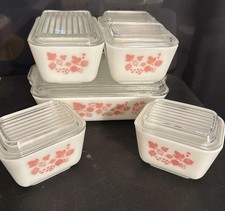 RARE VINTAGE  SET  6 Pyrex PINK GOOSEBERRY REFRIGERATOR DISHES LIDS picture