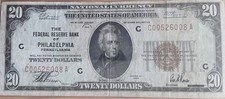 1929 $20 FRB From Philadelphia  C00526008A VF+ Condition picture