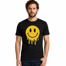 Men's Dripping Smiley Face T-Shirt Melting Happy Graphic Tee Trippy Retro Top picture