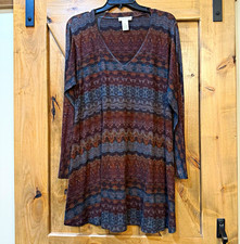 Orvis Women's Knit Striped V-Neck Long Sleeve Tunic Pullover Sweater, Brown M picture