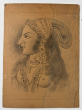 Vintage Indian Portrait Drawing Royal Woman Princess Maharani Charcoal Pencil Ar picture