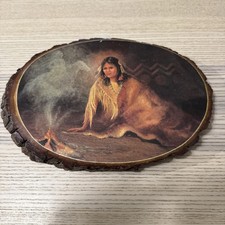 Vintage M Caroselli Dream of Warriors Native American Wood Plaque Decoupage 70s picture