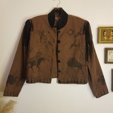 RARE Vtg Double D Ranchwear Fringe Southwestern Beaded Brown Cropped Jacket Sz L picture
