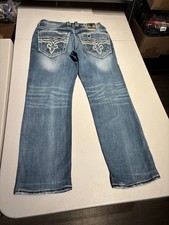 Rock Revival Jeans Men’s 34 Lowfflier Straight Blue Denim Distressed  34x30.5 picture