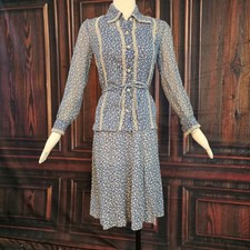 Vintage 1970s R&K Originals Blue Floral Dress Set Lace Trim Blouse Sundress Top picture