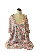 Roaman's 3X NEW NWOT Pink Watercolor Floral Pullover Tunic Top Sh Sl V-Neck picture