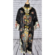 ESME Chinese Silk Asian Black Floral Embroidered Kimono Robe Duster Jacket picture
