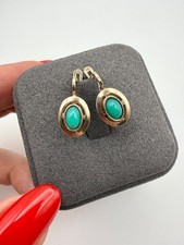 Vintage Ukrainian 925 Silver Gold Plated Green Stone Oval Cabochon Earrings Gilt picture