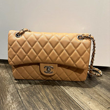 CHANEL Beige Quilted Flap Shoulder Bag Silver Hardware Chain Strap Turn Lock picture