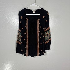 Sundance Tunic Blouse Womens Small Black Embroidered Boho Bell Sleeve Tassel Top picture