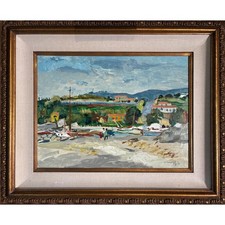 Vintage French Coastal Oil Painting, Harbor, Robert Mendoze 67, Large Framed Art picture