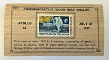 Vintage Commemorative Armstong Wooden Half Dollar Token First Man On Moon Stamp picture