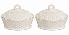 Pair Two Belleek Everyday  Oval Covered Casserole Dish Basket Weave Creamware picture