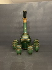 New Vintage Bohemia Crystal Decanter Set W 6 Glasses Green Gold Czech picture