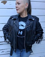 Vintage Park V Black Leather Fringe Motorcycle Jacket Made in USA Sz 36 S/M picture