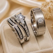 His/Her Trio Ring Attractive 2Ct Moissanite Pass Test 14K White Gold Plated Set picture