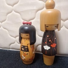 Japanese Sosaku Kokeshi Sisters Pair Wooden Doll Showa Retro Collectible 15+ picture
