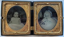 Antique 1850s Infant Baby Daguerreotype Two In Union Case Gold Plate picture
