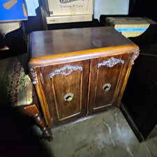 Antique Brown Carved Wood 2-Door Cabinet Raised Panel Knobs picture