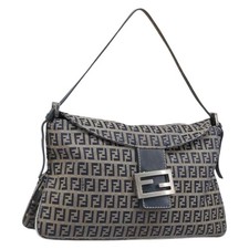 FENDI Zucchino Canvas Mamma Baguette Shoulder Bag Navy Silver Auth 203602 picture