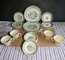 20 Pcs Set Vintage Green Currier & Ives Country Scenes Wooden Box Plates, Cups+ picture