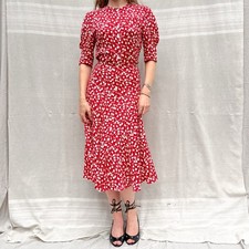 Vintage 80s does 40s Louis Feraud Red Tulip Print Button Front Midi Dress 34/XS picture