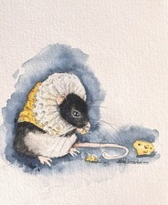 OOAK Origional watercolor mouse eating cheese signed by artist Edith Schmidt picture